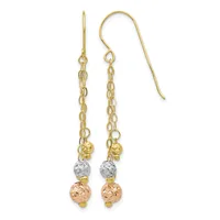 Pair of gold dangle earrings with chain links and textured beads in yellow, white, and rose gold tones, suspended from curved ear wires.