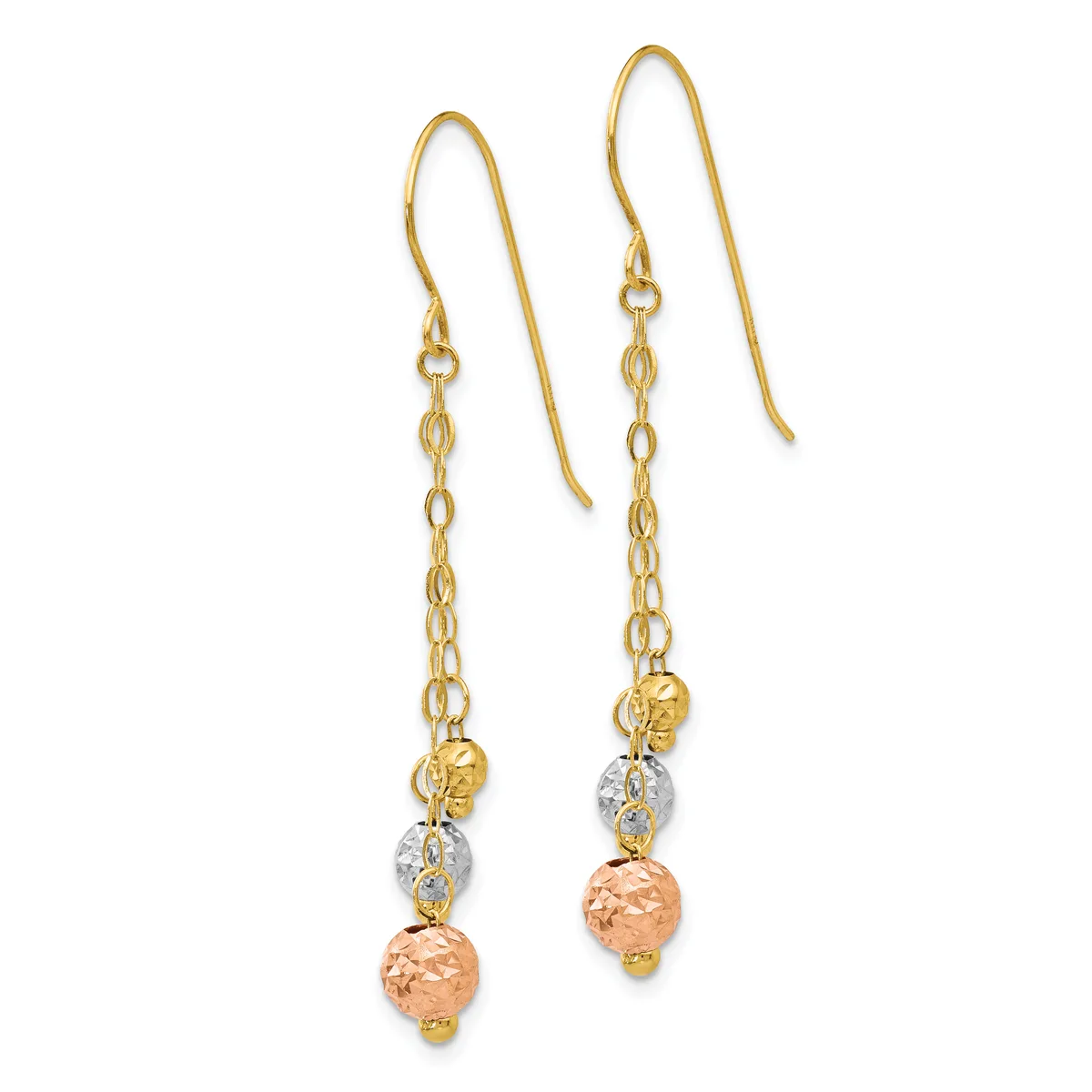 Pair of gold drop earrings with chain links, textured silver-tone beads, and rose gold-tone spherical pendants, suspended from curved ear wires.