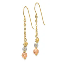 Pair of gold drop earrings with chain links, textured silver-tone beads, and rose gold-tone spherical pendants, suspended from curved ear wires.