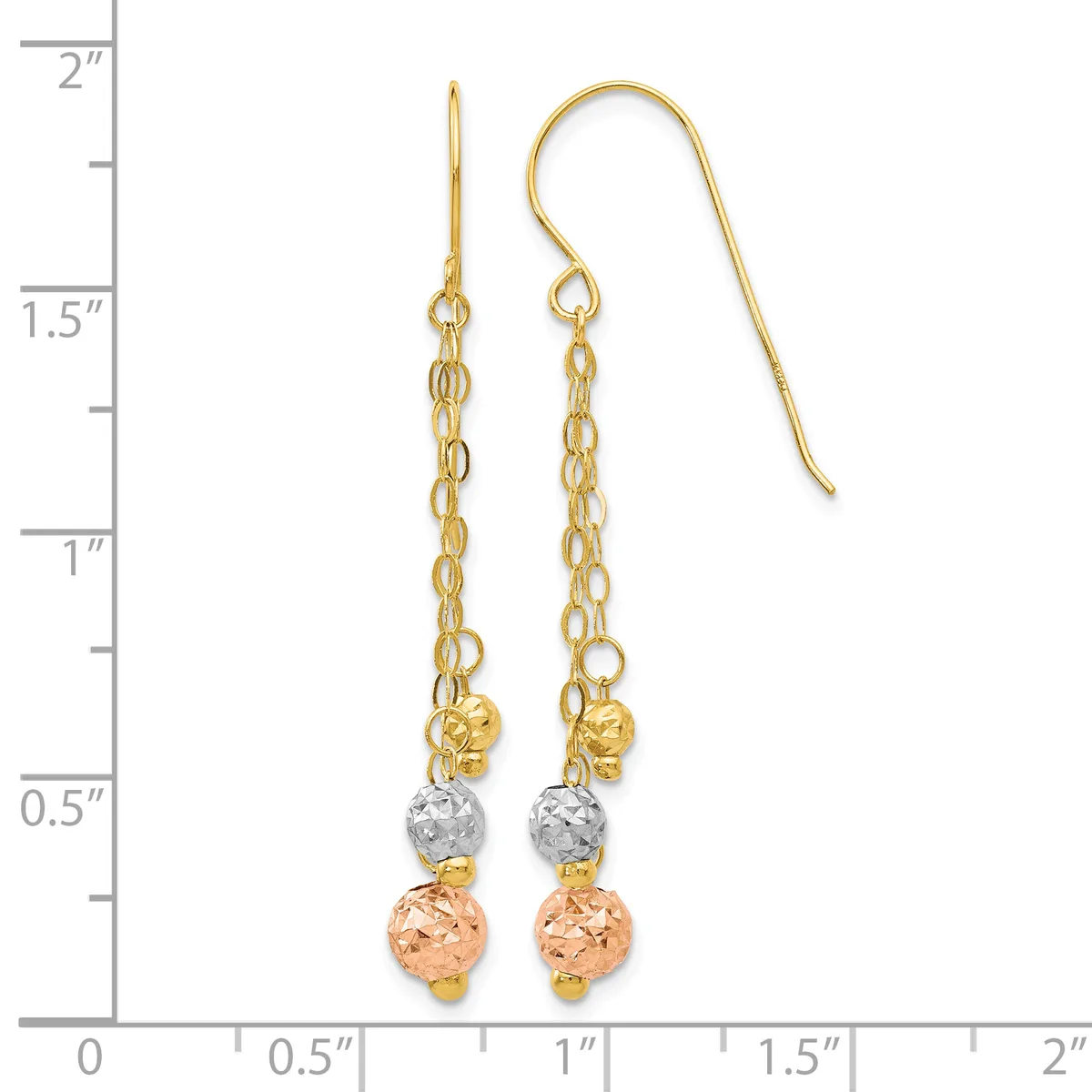 Pair of gold tricolor dangle earrings with chain and textured sphere beads, shown against a ruler measuring approximately two inches in length.