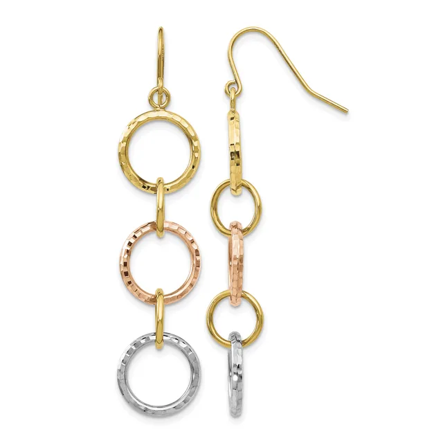 Pair of dangling earrings with three stacked textured rings in yellow gold, rose gold, and silver, suspended from gold fishhook wires.