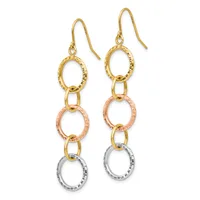 A pair of dangling earrings with gold, rose gold, and silver textured oval rings linked together, suspended from gold fishhook wires.