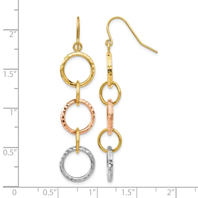 Pair of three-tiered dangle earrings with gold, rose gold, and silver textured circular rings connected by gold bars, displayed against a measurement scale.