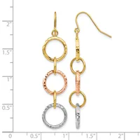Pair of three-tiered dangle earrings with gold, rose gold, and silver textured circular rings connected by gold bars, displayed against a measurement scale.