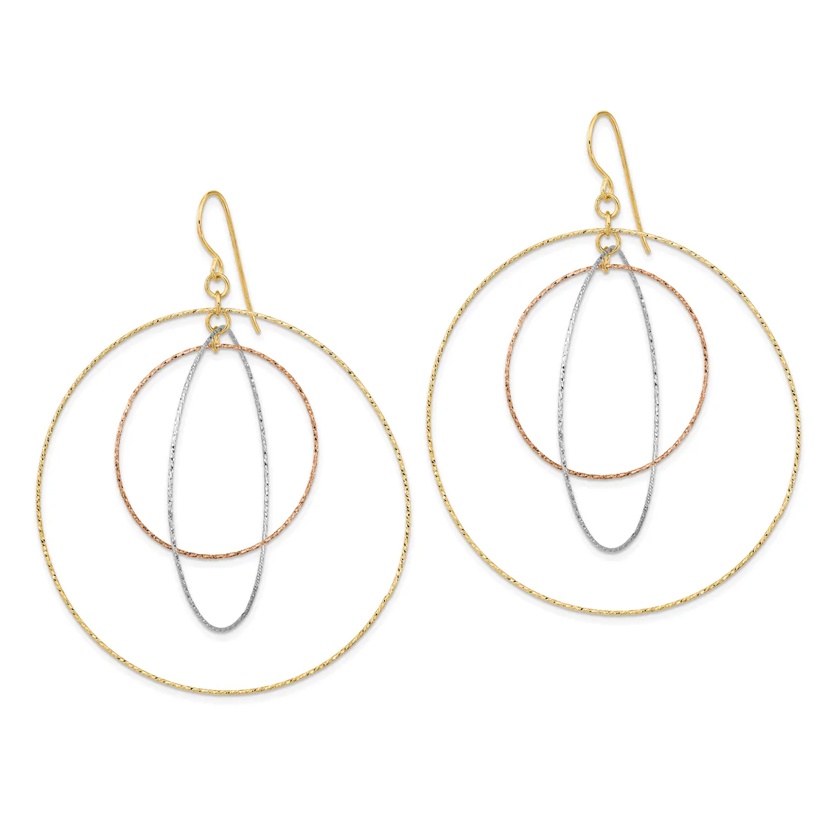 A pair of dangling earrings with triple concentric circles in gold, rose gold, and silver tones, suspended from gold ear wires.