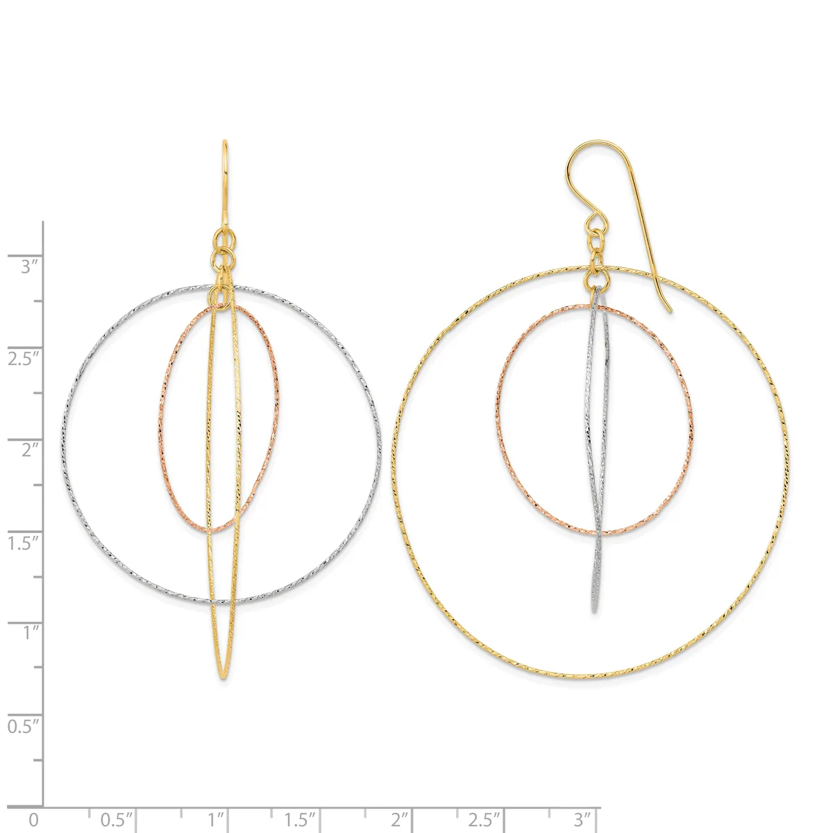 Two multi-loop wire earrings with concentric circles in mixed metals including gold, rose gold, and silver, shown with a measurement scale.