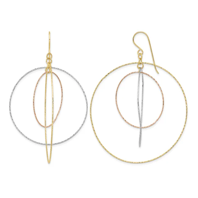 A pair of geometric circular earrings with nested rings in gold and silver tones, featuring vertical wire elements, suspended from gold ear wires.
