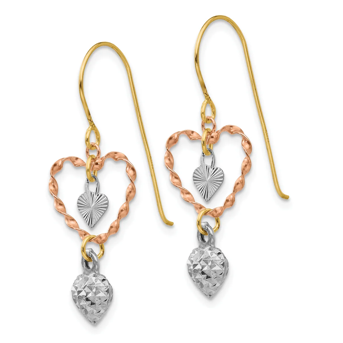 Pair of gold and silver heart-shaped dangle earrings with textured leaf details and faceted teardrop charms hanging from curved ear wires.