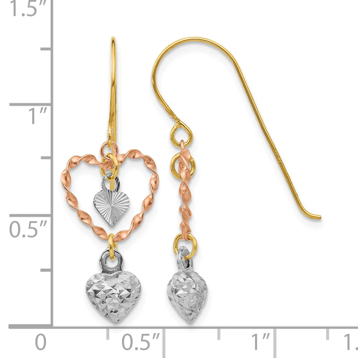 Pair of gold earrings with rose gold heart-shaped tops, white gold diamond-cut heart pendants, and matching hook closures, shown against a ruler measuring approximately 1.25 inches in length.