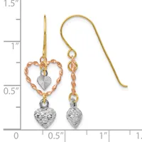 Pair of gold earrings with rose gold heart-shaped tops, white gold diamond-cut heart pendants, and matching hook closures, shown against a ruler measuring approximately 1.25 inches in length.