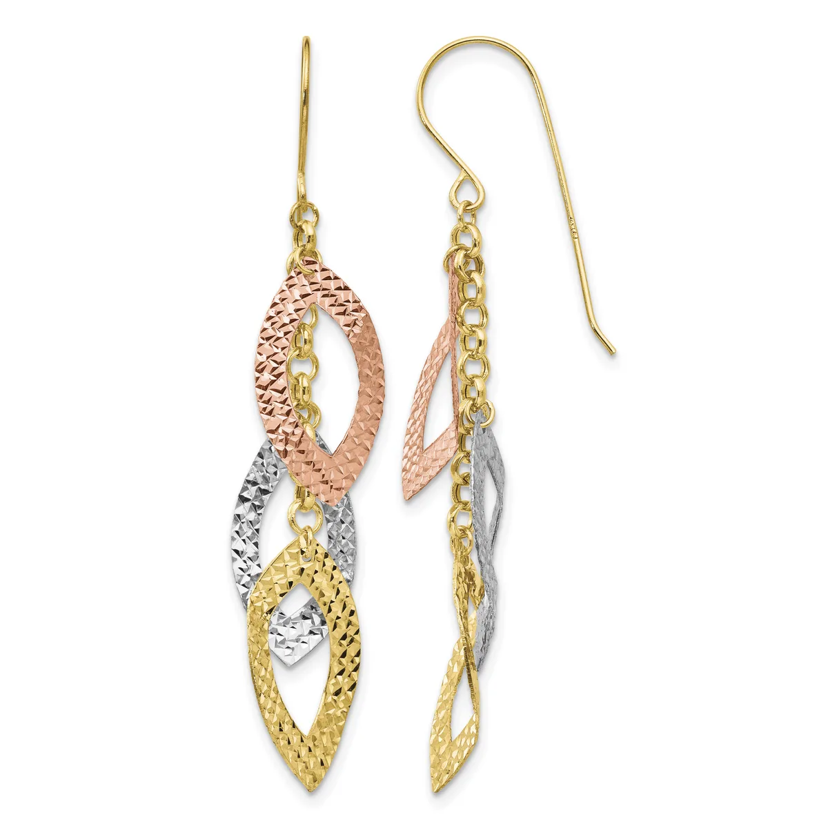 Pair of dangling earrings with interlocking leaf-shaped elements in rose, yellow, and white gold with textured finishes, suspended from gold chain and shepherd's hook ear wires.