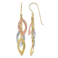 Pair of dangling earrings with interlocking leaf-shaped elements in rose, yellow, and white gold with textured finishes, suspended from gold chain and shepherd's hook ear wires.