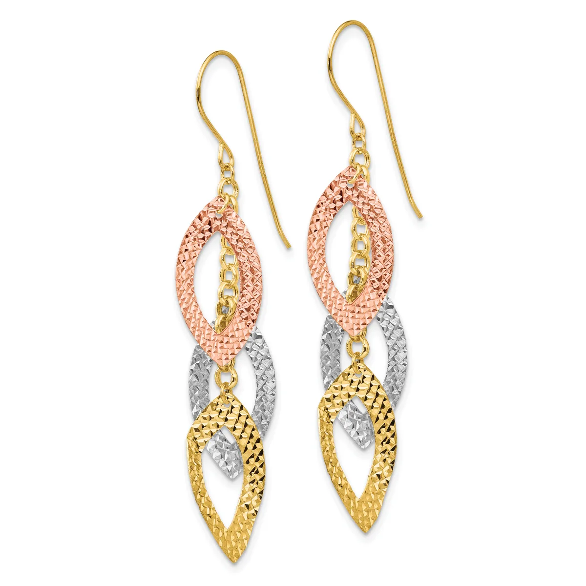 Pair of tricolor gold dangle earrings with interlocking oval links in rose, white, and yellow gold, suspended from gold shepherd's hook ear wires.