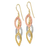 Pair of tricolor gold dangle earrings with interlocking oval links in rose, white, and yellow gold, suspended from gold shepherd's hook ear wires.