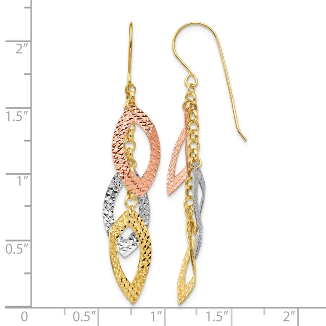 Pair of tricolor gold dangle earrings with nested oval shapes in yellow, rose, and white gold, displayed against a measurement scale.