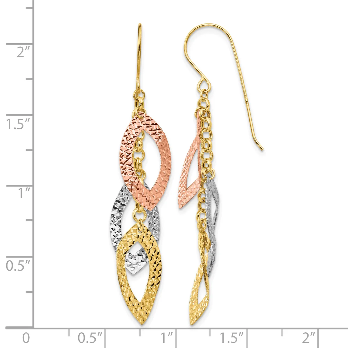 Pair of tricolor gold dangle earrings with nested oval shapes in yellow, rose, and white gold, displayed against a measurement scale.