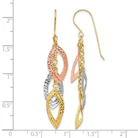 Pair of tricolor gold dangle earrings with nested oval shapes in yellow, rose, and white gold, displayed against a measurement scale.