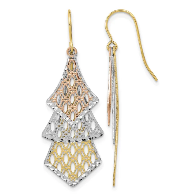 Pair of dangling earrings with three-tiered geometric diamond shapes in mixed metals of yellow, white, and rose gold with openwork patterns, suspended from curved fish hook wires.