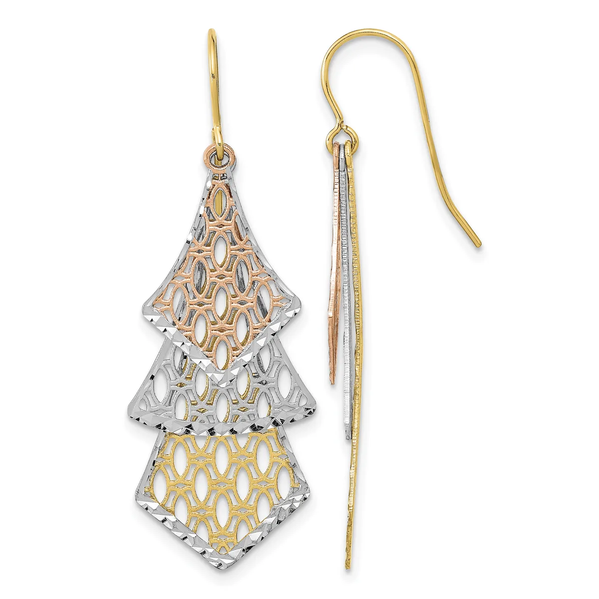 Pair of dangling earrings with three-tiered geometric diamond shapes in mixed metals of yellow, white, and rose gold with openwork patterns, suspended from curved fish hook wires.