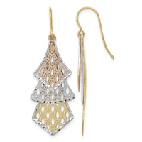 Pair of dangling earrings with three-tiered geometric diamond shapes in mixed metals of yellow, white, and rose gold with openwork patterns, suspended from curved fish hook wires.