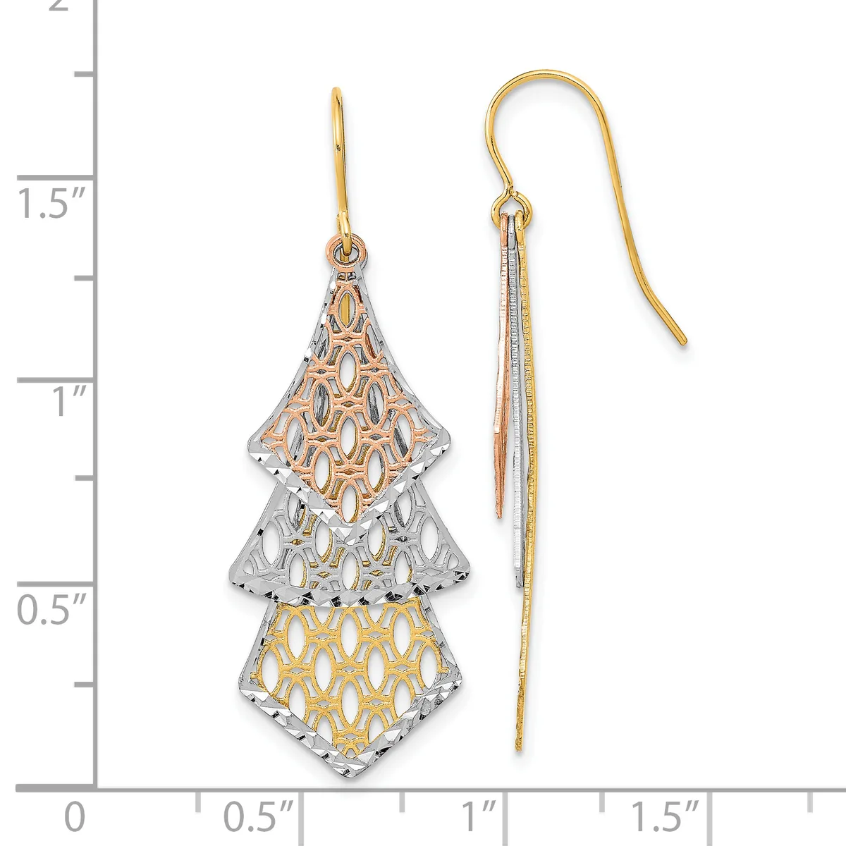 Two-tone gold filigree Christmas tree earrings with layered diamond-shaped pendants on French wires, shown next to a ruler measuring approximately 1.75 inches long.