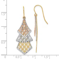Two-tone gold filigree Christmas tree earrings with layered diamond-shaped pendants on French wires, shown next to a ruler measuring approximately 1.75 inches long.