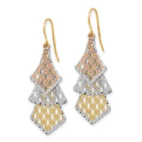 Pair of two-tone gold filigree chandelier earrings with three stacked diamond-shaped pendants hanging from gold fish hook wires.