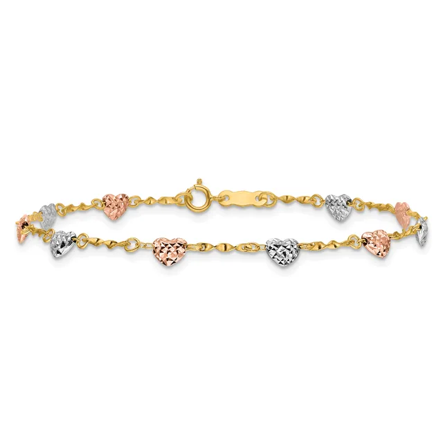 Gold bracelet with alternating heart charms in rose gold, white gold, and yellow gold finishes, displayed against a white background.