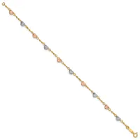 A gold-toned chain bracelet with alternating rose gold and silver decorative heart charms spaced evenly along its length, featuring a clasp at each end.