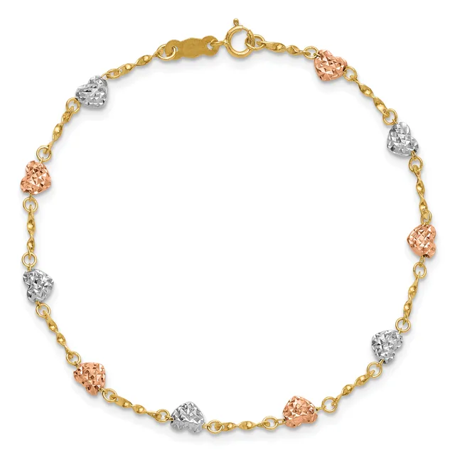 A gold chain bracelet with alternating rose gold and silver textured heart charms evenly spaced throughout, fastened with a gold lobster clasp.
