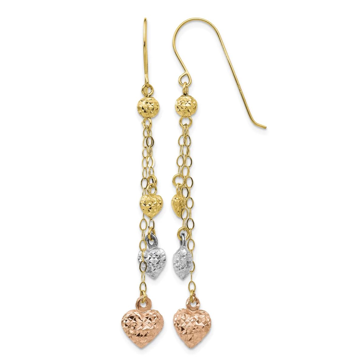 Pair of gold dangle earrings with textured spheres, chain links, and rose gold heart charms at the bottom, shown against a white background.