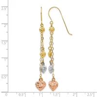 Pair of gold dangle earrings with chain links, textured gold beads, silver-toned beads, and rose gold heart charms, displayed against a measurement ruler.