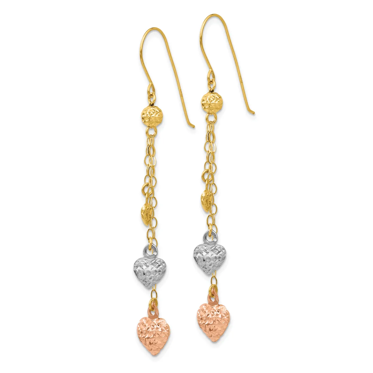 Pair of dangling earrings with gold fish-hook wires, textured gold spheres, chain links, silver textured heart beads, and rose gold textured heart charms.