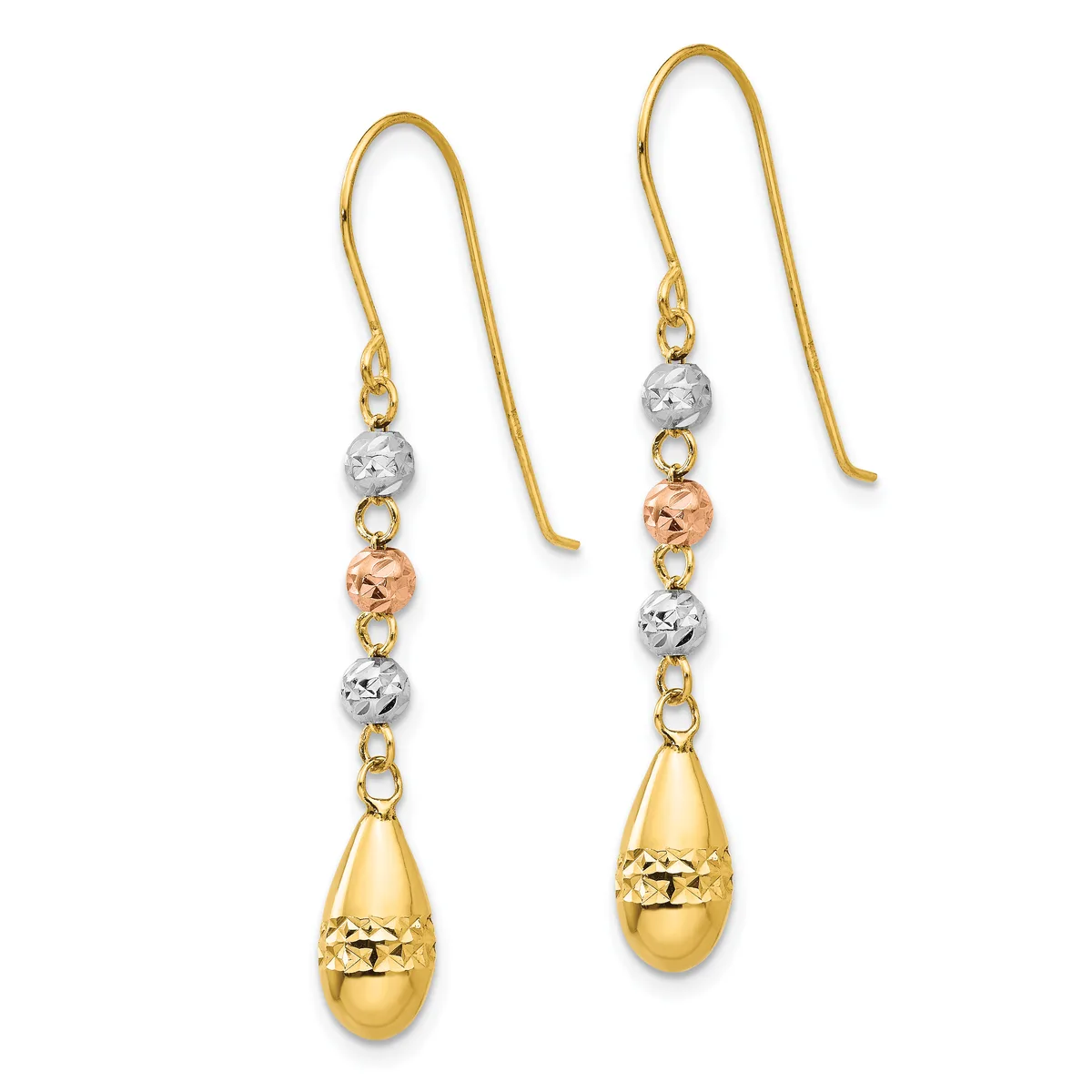 A pair of gold drop earrings with textured teardrop pendants suspended from chains alternating between polished and hammered spheres in yellow, white, and rose gold.
