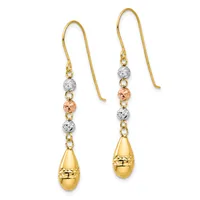 A pair of gold drop earrings with textured teardrop pendants suspended from chains alternating between polished and hammered spheres in yellow, white, and rose gold.