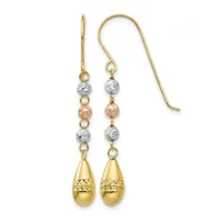 Pair of tricolor gold dangle earrings with textured beads and teardrop pendants, suspended from curved ear wires.