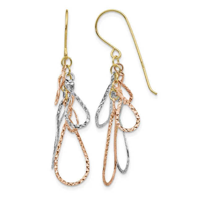 Pair of dangling earrings with yellow gold ear wires and multiple interlocking teardrop loops in yellow gold, white gold, and rose gold finishes.