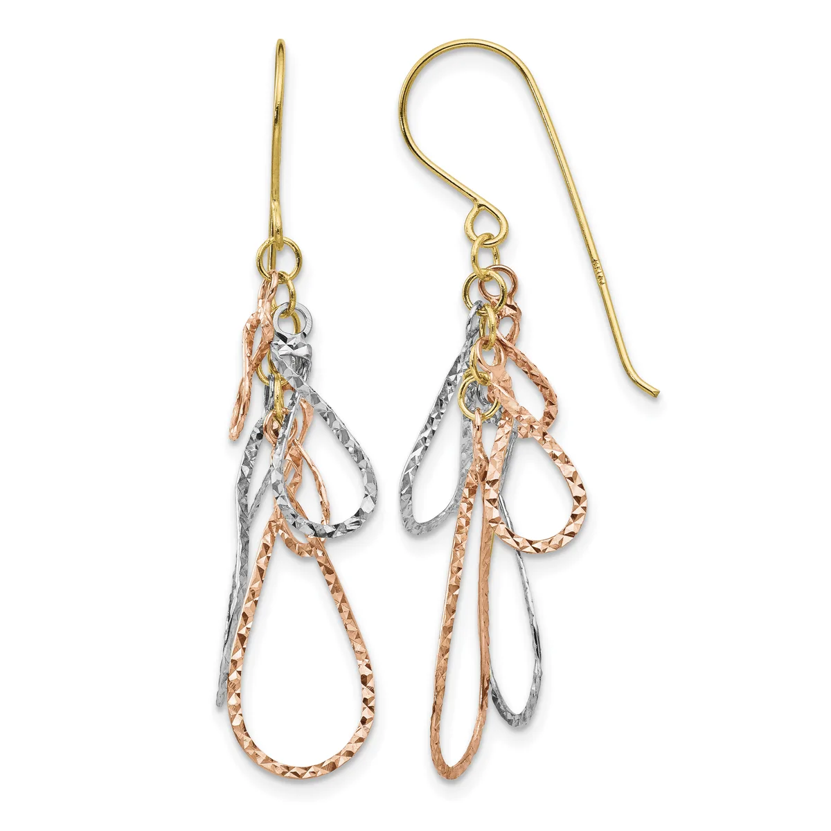 Pair of dangling earrings with yellow gold ear wires and multiple interlocking teardrop loops in yellow gold, white gold, and rose gold finishes.