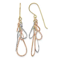 Pair of dangling earrings with yellow gold ear wires and multiple interlocking teardrop loops in yellow gold, white gold, and rose gold finishes.