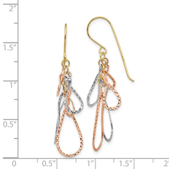 Pair of tri-color gold teardrop earrings with textured loops in rose, yellow, and white gold hanging from gold ear wires, displayed next to a ruler showing approximately 1.5 inches in length.