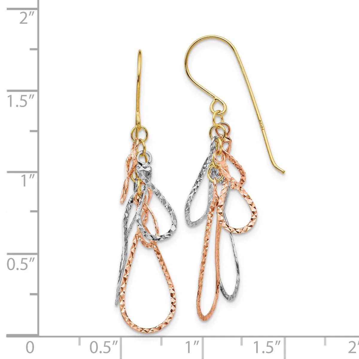 Pair of tri-color gold teardrop earrings with textured loops in rose, yellow, and white gold hanging from gold ear wires, displayed next to a ruler showing approximately 1.5 inches in length.