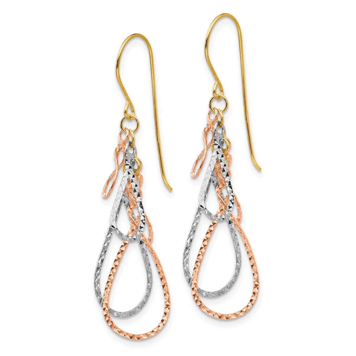 Pair of drop earrings with gold ear wires featuring interlocking teardrop loops in white and rose gold with textured finishes.