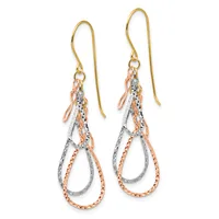 Pair of drop earrings with gold ear wires featuring interlocking teardrop loops in white and rose gold with textured finishes.