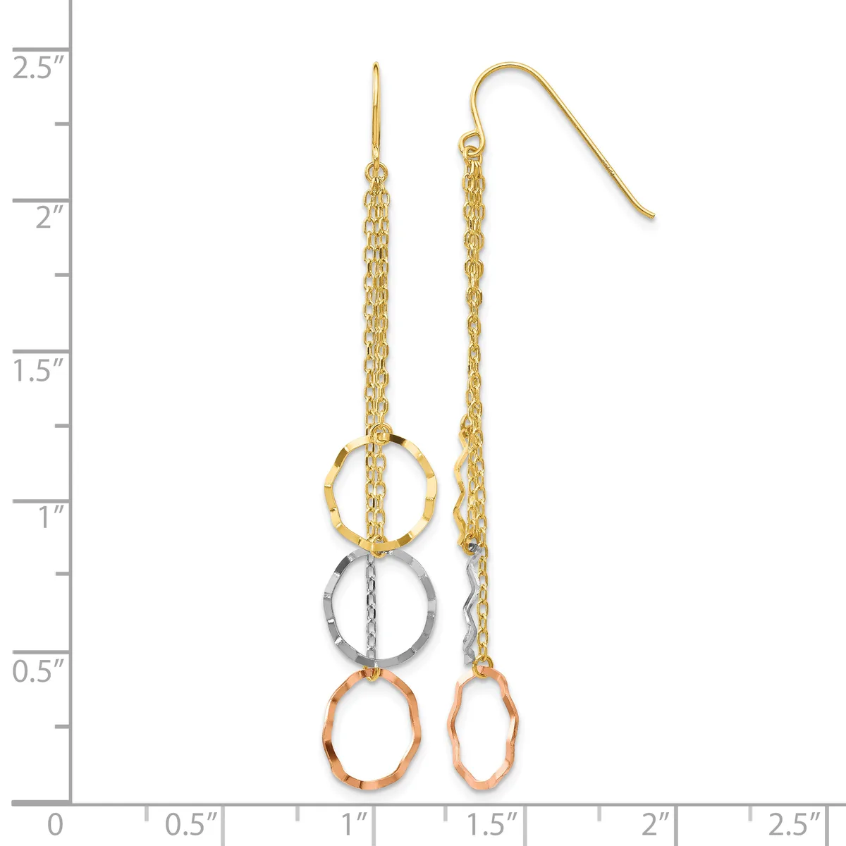 Gold chain dangle earrings with three stacked rings in gold, silver, and copper finishes, displayed next to a measurement ruler.
