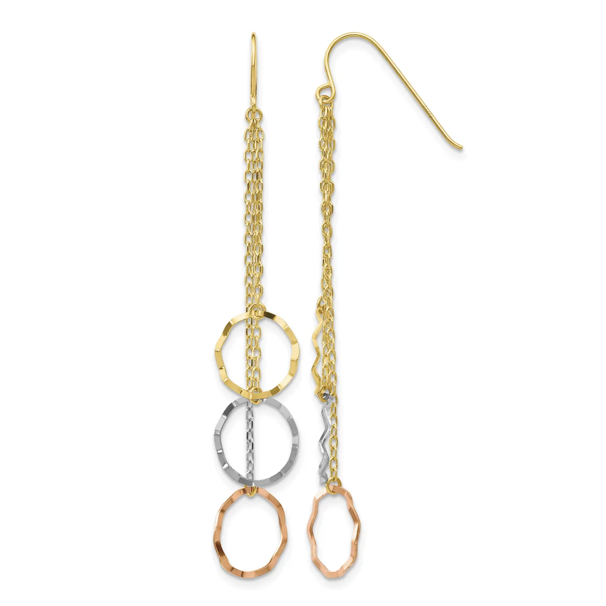 Pair of gold and two-tone dangling earrings with chain and three interlocking oval rings in yellow, white, and rose gold, shown on a white background.