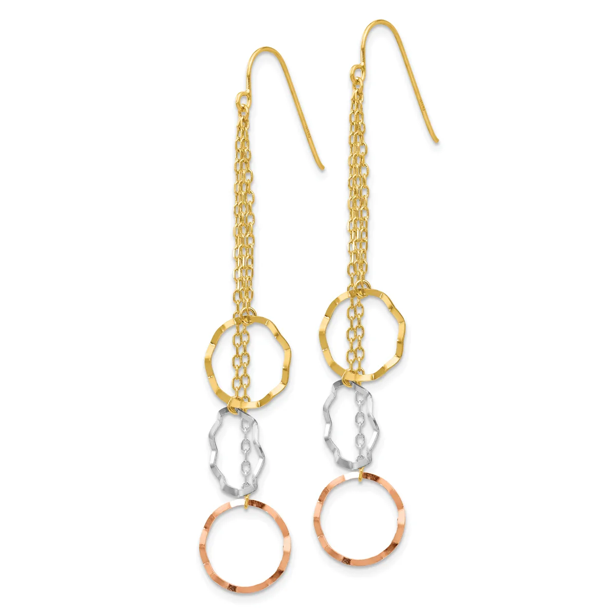 Pair of gold fish hook earrings with chain strands, featuring stacked rings in gold, silver, and rose gold tones with a faceted crystal bead.