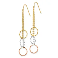 Pair of gold fish hook earrings with chain strands, featuring stacked rings in gold, silver, and rose gold tones with a faceted crystal bead.