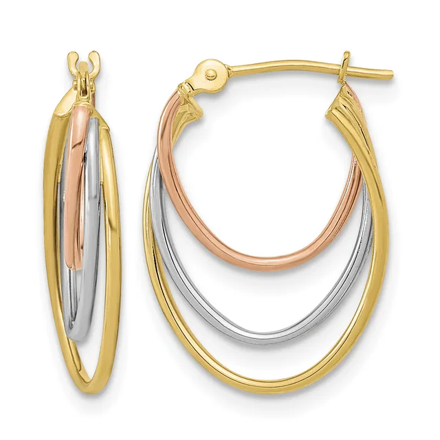 Pair of tricolor gold hoop earrings with nested oval loops in yellow, rose, and white gold, shown from front and side views.