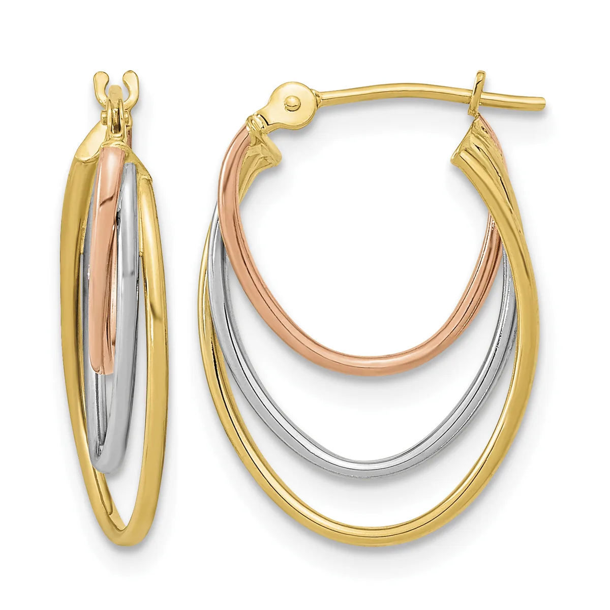 Pair of tricolor gold hoop earrings with nested oval loops in yellow, rose, and white gold, shown from front and side views.