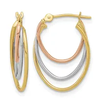 Pair of tricolor gold hoop earrings with nested oval loops in yellow, rose, and white gold, shown from front and side views.